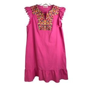 Kirundo Mini Dress Women's M Hot Pink Babydoll Ruffled Embroidered Floral V-Neck